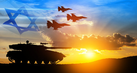 Silhouettes of army tank and fight planes on background of sunset with a transparent waving Israel flag.の写真素材