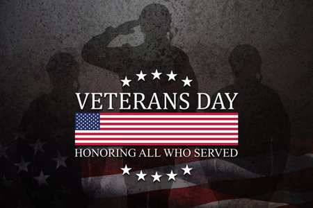 Silhouettes of soldiers saluting with Veterans Day inscription on rusty iron background. American holiday typography poster. Banner, flyer, sticker, greeting card, postcard.の写真素材