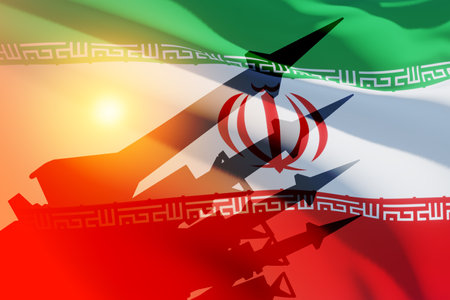 The missiles are aimed on background of Iran flag. Bomb, chemical weapons, missile defense, a system of salvo fire.の写真素材