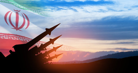 The missiles are aimed at the sky at sunset with Iran flag. Bomb, chemical weapons, missile defense, a system of salvo fire.の写真素材