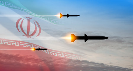 Fired missiles fly to the target. Missiles at the sky at sunset with Iran flag. Missile defense, a system of salvo fire.の写真素材