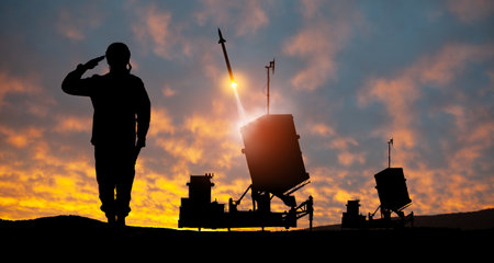 Israel's Iron Dome air defense missile launches. Silhouettes of soldier and Israel's Iron Dome air defense. The missiles are aimed at the sky at sunset. Missile defense.の写真素材