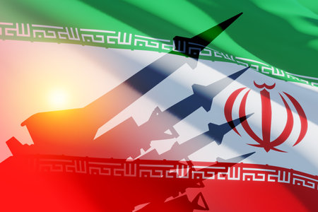 The missiles are aimed on background of Iran flag. Bomb, chemical weapons, missile defense, a system of salvo fire.の写真素材