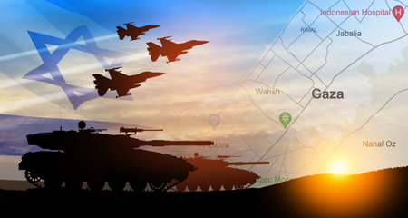 Silhouettes of army tanks and fight planes on background of sunset with map of Gaza and Israel flag. Israeli ground operation in Gaza.の写真素材