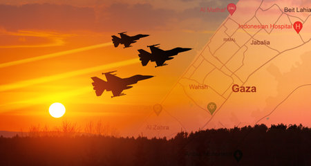Silhouettes of fight planes on background of sunset with map of Gaza. Israeli ground operation in Gaza.の写真素材