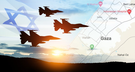 Silhouettes of fight planes on background of sunset with map of Gaza and Israel flag. Israeli ground operation in Gaza.の写真素材