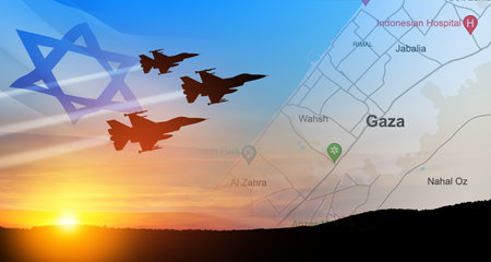 Silhouettes of fight planes on background of sunset with map of Gaza and Israel flag. Israeli ground operation in Gaza.の写真素材