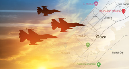 Silhouettes of fight planes on background of sunset with map of Gaza. Israeli ground operation in Gaza.の写真素材