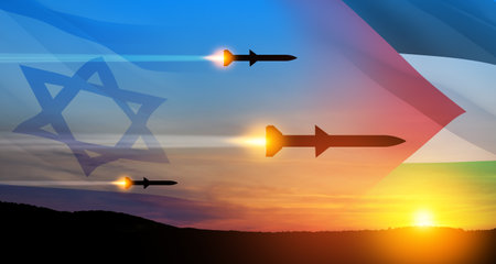 Confrontation between Palestine and Israel. Fired missiles fly to the target. Missiles at the sky at sunset with Palestine flag and Israel flag. Missile defense, a system of salvo fire.の写真素材