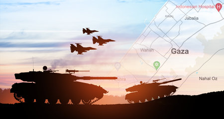 Silhouettes of army tanks and fight planes on background of sunset with map of Gaza. Israeli ground operation in Gaza.の写真素材