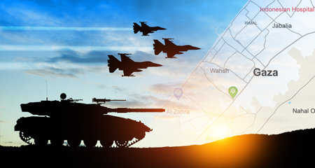 Silhouettes of army tank and fight planes on background of sunset with map of Gaza. Israeli ground operation in Gaza.の写真素材