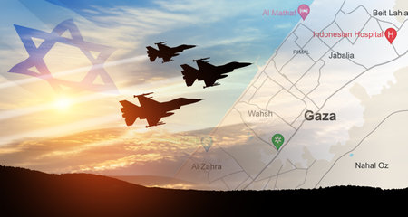 Silhouettes of fight planes on background of sunset with map of Gaza and Israel flag. Israeli ground operation in Gaza.の写真素材