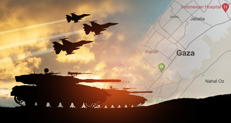 Silhouettes of army tanks and fight planes on background of sunset with map of Gaza. Israeli ground operation in Gaza.の写真素材