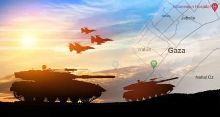 Silhouettes of army tanks and fight planes on background of sunset with map of Gaza. Israeli ground operation in Gaza.の写真素材