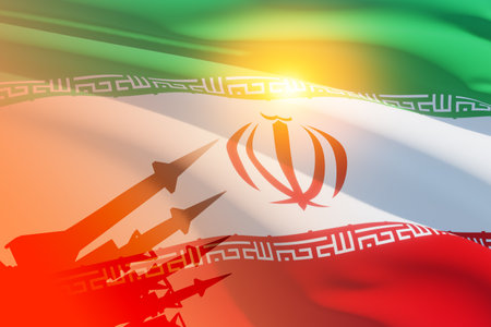 The missiles are aimed on background of Iran flag. Bomb, chemical weapons, missile defense, a system of salvo fire.の写真素材