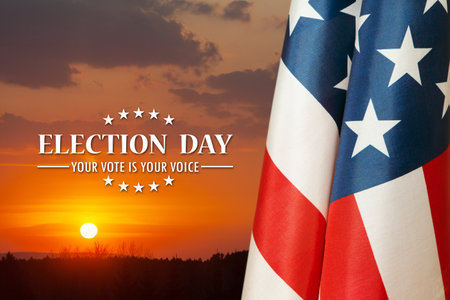 Text Election Day Your Vote is Your Voice with USA Flag on background of sunset. Voting in America.の写真素材