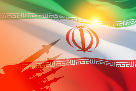 The missiles are aimed on background of Iran flag.の写真素材