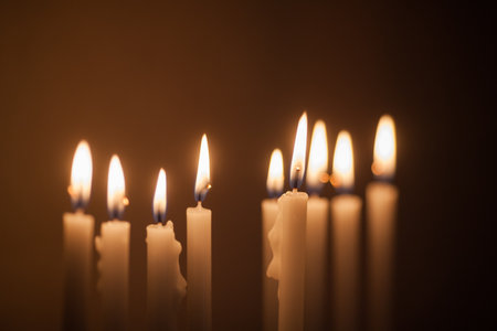 Closeup of Hanukkah menorah, or hanukkiah in the light of the sun at sunset for Jewish holiday Hanukkah.の写真素材