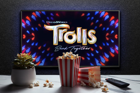 Trolls Band Together trailer or movie on TV screen. TV with remote control, popcorn boxes and home plant.のeditorial素材