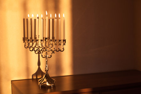 Hanukkah menorah, or hanukkiah in the light of the sun at sunset for Jewish holiday Hanukkah. Hanukkah lamp, nine-branched candelabrum with burning candles with a shadow on the wall.の写真素材