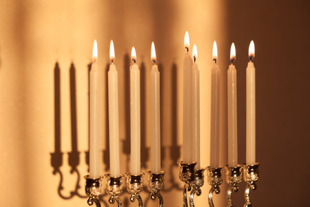 Closeup of Hanukkah menorah, or hanukkiah in the light of the sun at sunset for Jewish holiday Hanukkah. Hanukkah lamp, nine-branched candelabrum with burning candles with a shadow on the wall.の写真素材