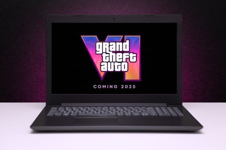 Grand Theft Auto 6 trailer game on the screen laptop computer with mouse on black textured wall with pink light. Astana, Kazakhstan - December 5, 2023.のeditorial素材