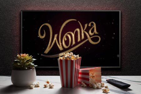 Wonka trailer or movie on TV screen. TV with remote control, popcorn boxes and home plant. Astana, Kazakhstan - October 28, 2023.のeditorial素材