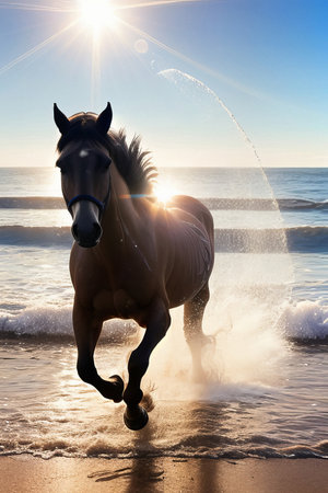 Black horse runs in the water of the sea sunset. Generative AI.の素材