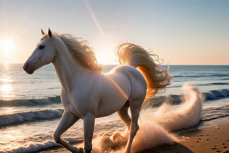 White horse runs in the water of the sea sunset. Generative AI.の素材
