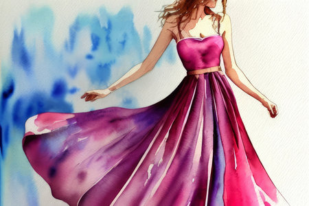 Woman in a long dress. Dress fashion illustration. Watercolor. Generative AI.の素材