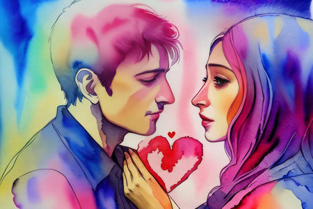 Watercolor illustration of a lovers couple hugging on background with hearts. Valentines day concept. Generative AI.の素材