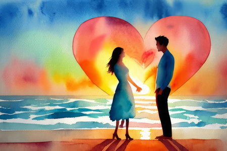 Watercolor illustration Silhouette of loving couple. Lovers at at orange sunset dawn on beautiful landscape. Valentines Day. Happy Lovers. Generative AI.の素材