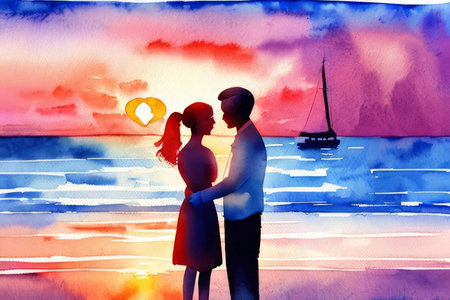 Watercolor illustration Silhouette of loving couple. Lovers at at orange sunset dawn on beautiful landscape. Valentines Day. Happy Lovers. Generative AI.の素材