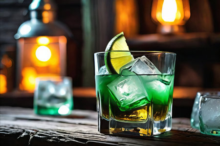 Drinks for St. Patrick's Day party. Cocktail on background of a pub. Green alcohol drink with ice cubes in a glass. St. Patrick's day.の素材