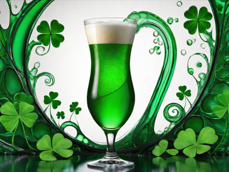 Green beer with splash and clover leaves. Beer is traditionally served on St. Patrick's day. Lager mixed with extract from herbs.の素材