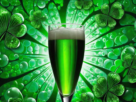 Green beer with splash and clover leaves. Beer is traditionally served on St. Patrick's day. Lager mixed with extract from herbs.の素材
