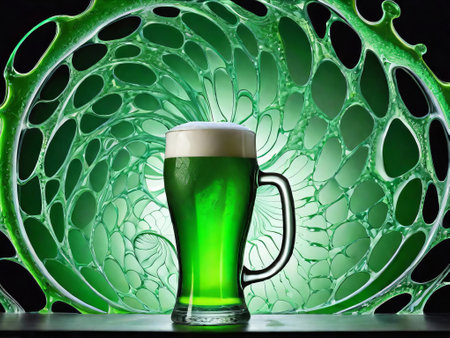 Green beer with splash. Beer is traditionally served on St. Patrick's day. Lager mixed with extract from herbs.の素材