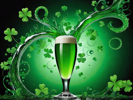 Green beer with splash and clover leaves. Beer is traditionally served on St. Patrick's day. Lager mixed with extract from herbs.の素材