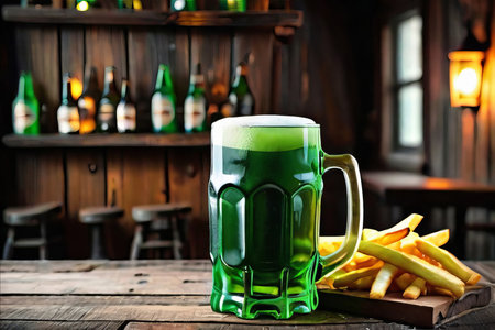 Green beer with French fries on wooden table on background of a pub. Beer is traditionally served on St. Patrick's day. Lager mixed with extract from herbs.の素材