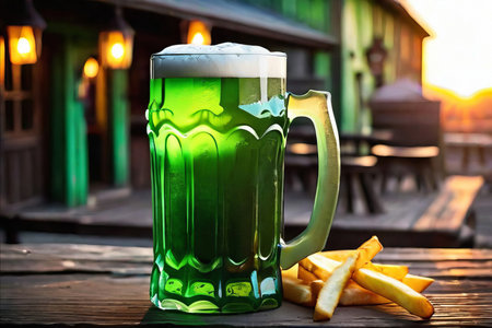 Green beer with French fries on wooden table on background of a pub in the evening. Beer is traditionally served on St. Patrick's day. Lager mixed with extract from herbs.の素材