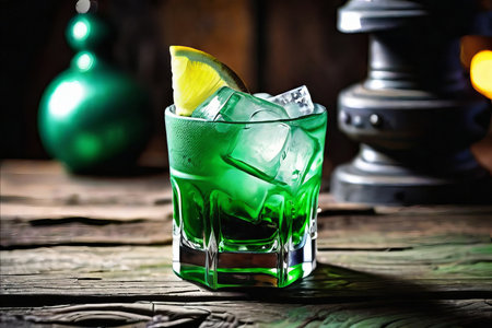 Drinks for St. Patrick's Day party. Cocktail on background of a pub. Green alcohol drink with ice cubes in a glass. St. Patrick's day.の素材