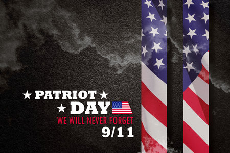 Patriot Day We Will Never Forget inscription with towers with the pattern of the USA flag on black...