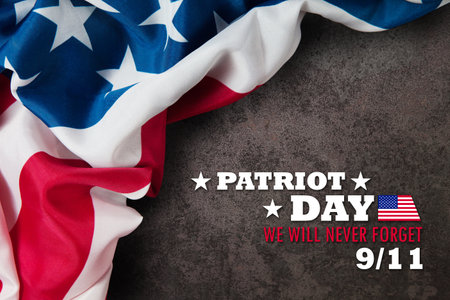 Patriot Day inscription with USA flag on rusty iron background. Patriot Day.