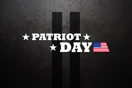 Patriot Day inscription with silhouette of towers on rusty iron background. 09.11.2001.