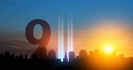 September 11 Tribute In Light Art Installation in the Lower Manhattan New York City Skyline at...