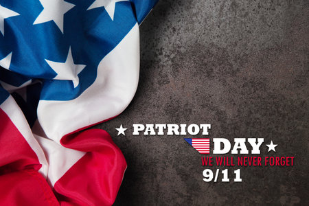 Patriot Day inscription with USA flag on rusty iron background. 11/09/2001 American Patriot Day.の写真素材