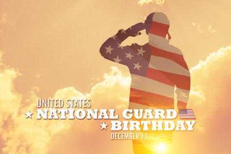 United States National Guard Birthday background with soldier and the sunset and USA flag on background of cloudy sky.の写真素材