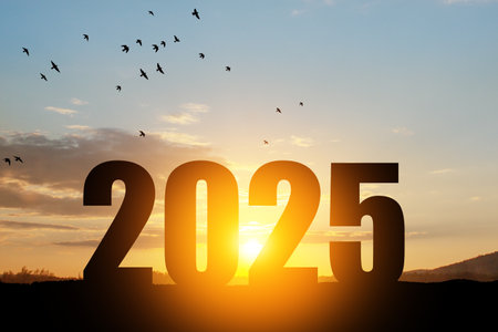 Silhouette 2025 with sunset sky at mountain and number like 2025 abstract background.の写真素材