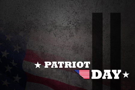 Patriot Day inscription with towers on rusty iron background with USA flag. 11/09/2001 American Patriot Day.の写真素材