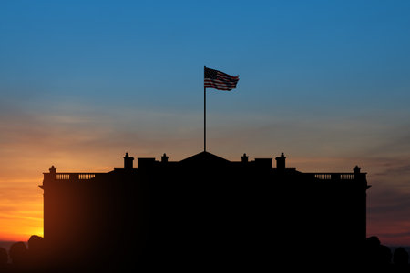White House frontal view at sunset time, Washington DC, United States of America.の写真素材